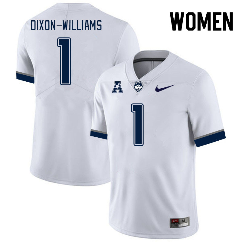 Women #1 Malik Dixon-Williams Connecticut Huskies College Football Jerseys Stitched Sale-White - Click Image to Close